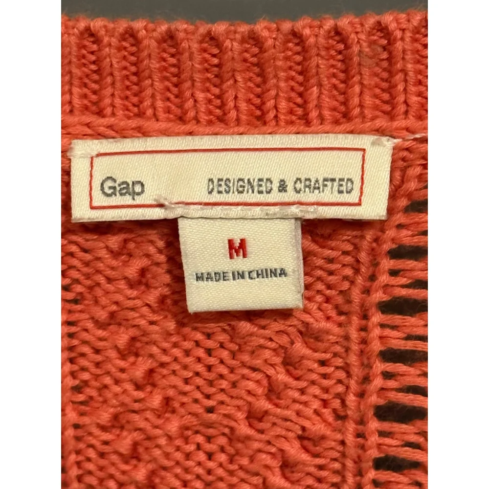 Gap Coral Orange V-Neck Open-Knit Sweater 100% Cotton Size M